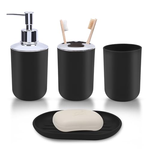 LGURT Matte Black Plastic Bath Set — 4-Pc Dispenser, Holder, Cup & Dish | Bathroom Accessories, Vanity Organizer, Classic Decor, Soap Rinse, Gift - color: Black