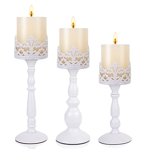 Candle Holders for Pillar Candles Set of 3 White Vintage Tall Candle Holders Decorative Large Table Centerpieces Candle Stand Decor - color: White