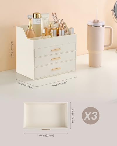 Lolalet Makeup Organizer for Vanity Desk, 4-Layer PU Leather Luxury Make Up Storage Cosmetics Holder Box with Drawers -Beige - size: 4-Layer