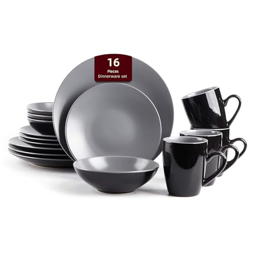 Stoneware Two-Tone Colors Life 16pc Dinner Set, Outside Shiny Black + Insdie Matte Glaze Light Grey - color: Light Grey, size: 16pc Set