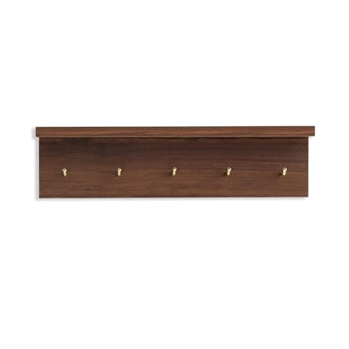 Marine Plywood Wall Mounted Coat Rack with Shelf & Key Hooks, 5 Brass Hooks Entryway Organizer, Modern Floating Shelf for Bedroom Hallway, Space-Saving Home Storage Rack (1, Walnut Finish) - color: Walnut Finish