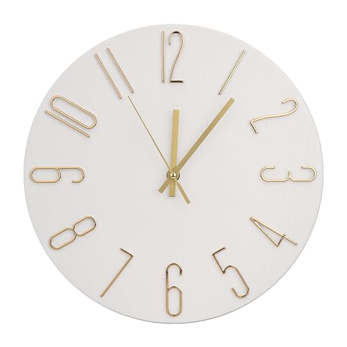 Wall Clock 12 Inch Silent Non-Ticking Imitation Wood Indoor Clock Round White Decor Clock Modern 3D Figures Quartz Wall Clocks for Home, Hotel, Office, School, Bedroom, Living Room, Kitchen - color: White