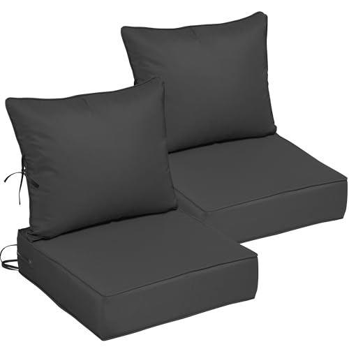 22x24 Outdoor Chair Cushions Set of 2, Waterproof Deep Seat Cushions for Patio Furniture with Removable Cover, Fade Resistant 4'' Outdoor Seat Cushion w/Ties&Handle for Sofa Loveseat,Black - color: Black, size: 22x24x4in-2Set
