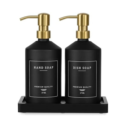 Black Glass Kitchen Hand and Dish Soap Dispenser Set, Bathroom Soap Dispenser Set with Tray and Stainless Steel Pump, Gold Kitchen Accessories (Black Bottle/Gold Pump) - color: Black Bottle + Gold Pump