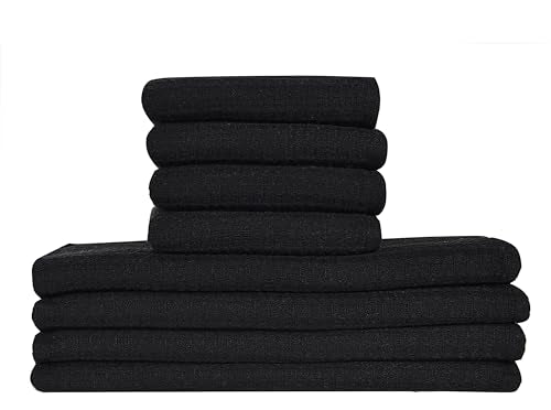 Kitchen Dish Wash Cloths Waffle Terry Design DishCloths12x12 in Pk of 4 & Dish Towels 13x28 in Pk of 4|Cotton Dish Rags for Drying Dishes|Counter Top |Spring Easter Basket Decor|Black - color: Black-1