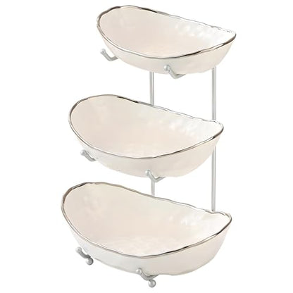 White Fruit Bowl with Silver Metal Stand, 3 Tier Modern Ceramic Fruit Bowl Fruit Rack for Kitchen Counter, Tiered Fruit Basket for Snacks Bread Candy Storage (White B,3 Tier) - color: White B,3 Tier