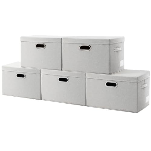 Large Collapsible Storage Containers with Lids [5-Pack] Fabric Foldable Storage Bins Boxes Organizer Baskets Cube with Cover for Home Bedroom Closet Office Beige(17.3x11.8x11.8) - color: Beige, size: L(5-Pack)