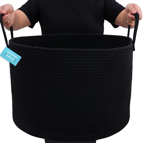 OrganiHaus Round Toy Basket & Blanket Basket, Cotton Rope 20x13" | Full Black - Round Cotton Rope Basket, 20x13" - color: Full Black, size: Wide