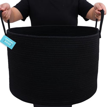 OrganiHaus Round Toy Basket & Blanket Basket, Cotton Rope 20x13" | Full Black - Round Cotton Rope Basket, 20x13" - color: Full Black, size: Wide