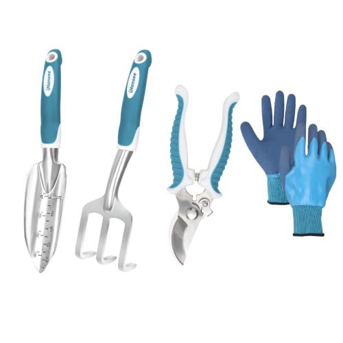 Blue Garden Tools 4-Piece, Aluminum Alloy Gardening Hand Tool Set | Transplant Trowel, Hand Rake, Curved Pruner with Ergonomic Handle, Garden Gloves, Gardening Gift for Men Women Plant Lover - color: blue-4pcs