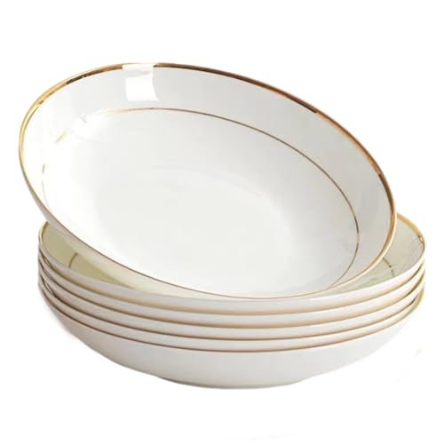 White Ceramic Pasta Bowls Set of 6 Porcelain Dishes Dinner Plates Shallow Soup Bowl 8 Inch Kitchen Dinnerware