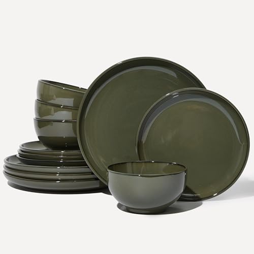 Santorini Mist Terracotta Reactive Glaze Plates and Bowls Sets, Stoneware Dinnerware Sets, Microwave and Dishwasher Safe Ceramic Dish Set Service for 4, Blackish Green - color: Blackish Green, size: 12pcs (for 4)