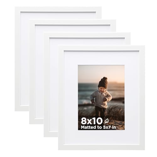 8x10 Picture Frame White Set of 4, Wooden Photo Frames Matted 5x7 with Plexiglass for 5x7 with Mat or 8x10 without Mat for Table and Wall Display - color: White, size: 8x10