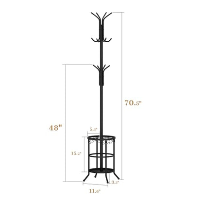 Coat Rack Freestanding with Umbrella Holder – Metal Hanger Stand, Hall Tree with 12 Hooks, Entryway Organizer for Hats, Bags, and Clothes (Black) - color: Black