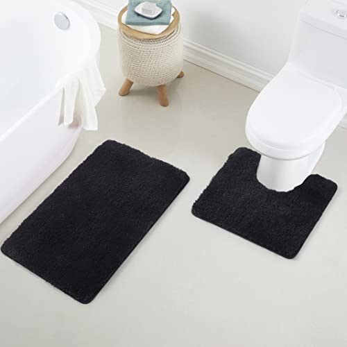 Bathroom Rug Set 2Piece, Thick &Soft Microfiber Shaggy, U Shaped Contour, Machine Washable Bath Mats, Absorbent Bath Rugs, Non-Slip Rubber Backing Bath Mat for Bathroom Floor, Tub and Shower, Black - color: Black, size: 2 Piece: 20" X 20" + 20" X 32" (Rec