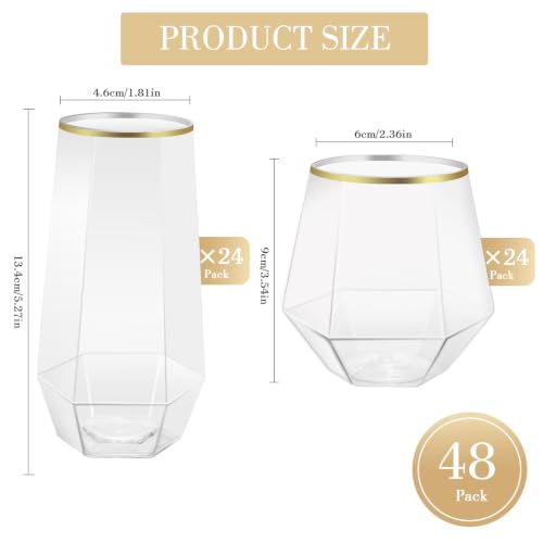 48 Pack Plastic Glasses – 24 x 9oz Stemless Champagne Flutes & 24 x 12oz Stemless Wine Glasses – Elegant Disposable Shatterproof Cup – BPA-Free Drinkware for Weddings, Parties (Gold Rim Diamond) - color: Gold Rim Diamond