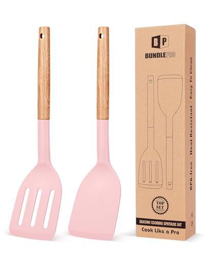Pack of 2 Silicone Cooking Spatula, Heat Resistant Solid Turner, Non Stick Slotted Spatulas with Wooden Short Handle,Ideal Wood Kitchen Utensils Set for Frying, Baking, Flipping, Turning - color: Pink