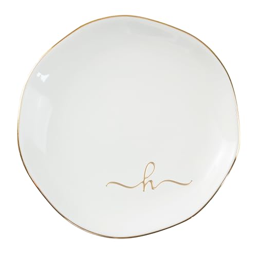 InnoBeta Jewelry Tray, Initial Ring Dish, Ceramic Trinket Dish, Letter H | 4.75-inch ceramic initial dish with a gold-tone rim organizes rings, earrings, and small jewelry on a vanity. - color: H
