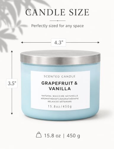 Grapefruit Vanilla 3-Wick Soy Candle, 15.8 Oz Large Scented Candle for Home | Bright Creamy Citrus With Bergamot & Berries, Aromatherapy, Room-Filling Scent, Clean Burn, 15.8 Oz, Blue Jar, Gift Ready
