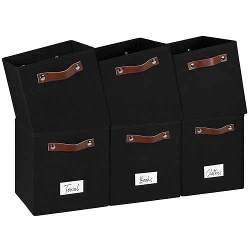 FinishingBo 10.5" x 11" Storage Bins with Labels 6 Pack | PU Leather Handles, Foldable Storage Cubes, Storage Baskets, Closet Storage, Black - color: Black, size: 10.5 x 10.5 x 11 inch