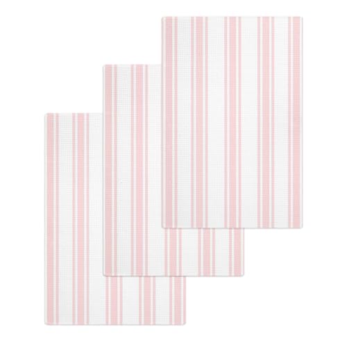 Pink Striped Hand Towels Set, Waffle Weave Kitchen Towels 3 Pieces, Farmhouse Aesthetic Modern Stripes Microfiber Hair Face Bath Tea Towel Absorbent Quick Drying Cleaning Dish Cloths, 15.7"x23.6" - color: Pink, White, Blush, size: 3PCS,15.7"x23.6"