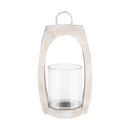 21" Twakutwaku Versatile Farmhouse Arch Metal Lantern in Shabby White with Handmade Thick Glass Candle Holder for Pillars & Plants, Hurricane Lantern, Glass Candlestick Holder, Glass Vase, Garden - color: Shabby White, size: 11"x21"