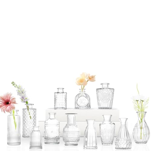 Bud Vases Set of 12,Glass Bud Vases in Bulk,Small Flower Vases for Centerpieces,Mini Vintage Vase for Wedding, Home Table Decor,Christmas,Party Decoration,Clear - color: 12pcs-clear