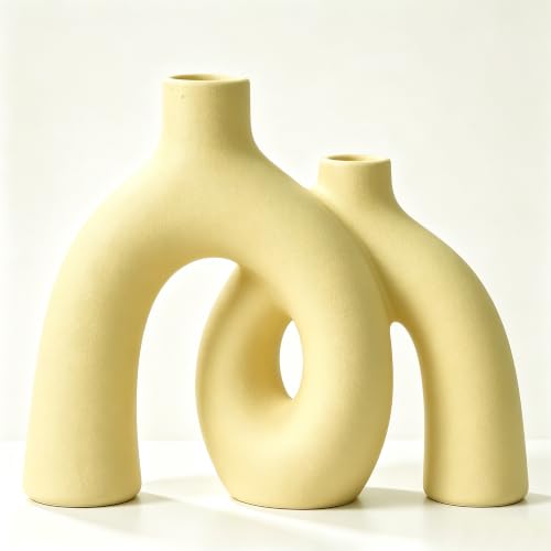 Hug Donut Decorative Vase Set - Beige Vase, Modern Nordic Boho Style Vases Home Decor, Matte Ceramic Decorations for Living Room Shelf, Bookshelf Mantle Entryway Table or Console Décor (Beige) - color: Beige