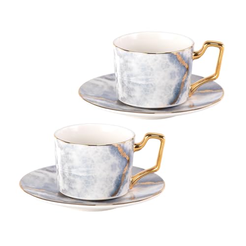 KAMMAK Tea Cups and Saucers Set of 2, Porcelain Coffee Cups, NX023 | Gold Rim, Stackable Espresso Mugs, Ceramic Demitasse for Coffee, Latte, Americano, Afternoon Tea, Elegant Gift for Women - size: 8CZNX023