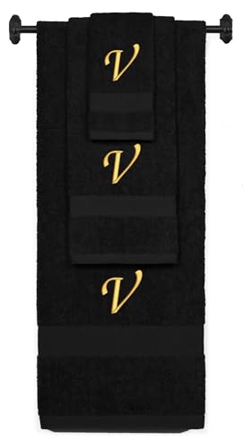 Monogrammed Bath, Hand, Washcloth Cotton Towel Set, Personalized Gift 3Pc-V - color: Black & Gold, size: Initial V