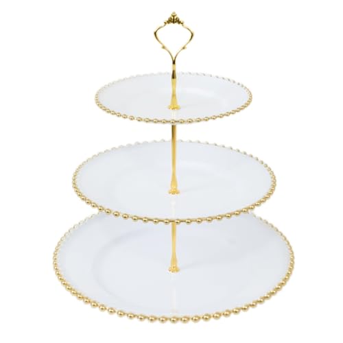 3-Tier White Glittered 14" Round Plastic Cupcake Tower Stand Gold Beaded Rim | Display Riser for Birthday Wedding Party Events Reception Buffet Catering Decorations Supplies - color: White and Gold