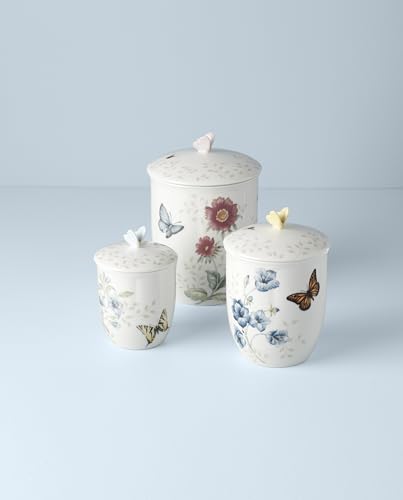 Lenox Butterfly Meadow 3-Piece Canister Set, 6.60 LB, Multi | dishwasher safe | floral design | condiment containers with lids, gift for women, kitchen storage gift - style: Round Canisters, Set of 3