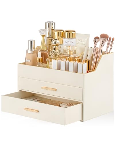 Lolalet Makeup Organizer for Vanity Desk, 3-Layer PU Leather Luxury Make Up Storage Cosmetics Holder Box with Drawers -Beige - size: 3-Layer