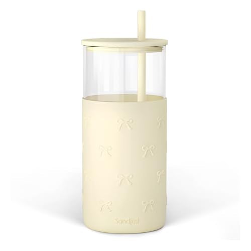 SANDJEST Glass Tumbler with Straw and Lid, Glass Water Bottle with Silicone Sleeve 20oz, Smoothie, Iced Coffee Cup, Bow Gifts for Women Teen Girls Birthday Christmas - color: Bow 2