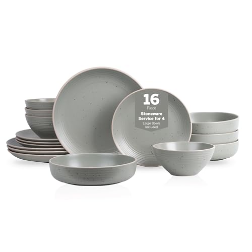 Stone Lain Lauren Stoneware, Rustic Plates and Bowls Set, Dinnerware, Service for 4, Speckled Green, Dishwasher & Microwave Safe, 16-Piece - color: Green, size: 16-Piece Service for 4