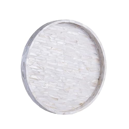 PEMAR 11" Creamy White Mother of Pearl Tray - Round Shell Inlay Decorative Tray for Coffee Table & Ottoman, Luxury Small Vanity Tray Organizer for Perfume, Jewelry, Candles & Bathroom Decor - color: Creamy White
