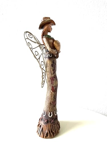 SUREG Western Cowgirl Angel Holding Cross, Family, Friend Figurine Statue Hand Painted Rustic Life-Like Detailed Home Office Decoration Poly Resin 1 Item (Holding Family Heart Sign) - color: Holding Family Heart Sign