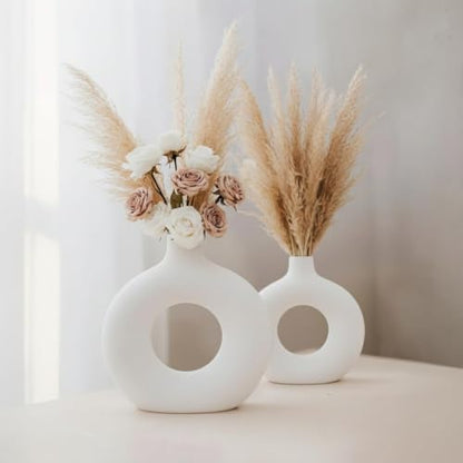 DESI SAMAAN Store Unique White Ceramic Donut Vases | Decorative Donut Vase for Dried Flowers & Pampas Grass (Set of 2) (6 & 8 Inch (Donut VASE)) - size: 6 & 8 Inch ( DONUT VASE )