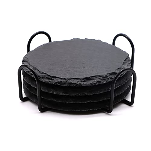 4 PCS Round Slate Drink Coasters Set, SIJDIEE 4 Inch Laser Engraving Black Slate Stone Coasters with Anti-Scratch Bottom and Coaster Holder for Office Bar Kitchen Home Dinner Table Decor Supplies | Coaster set of 4, Anti-scratch Bottom, Laser Engraving Bl