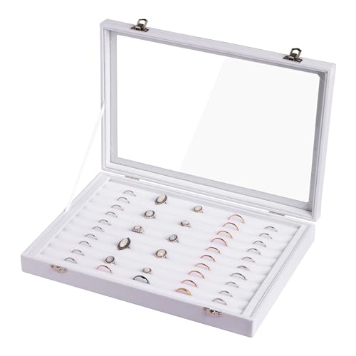 10 Slots Ring Organizer Tray,Velvet Ring Box with Clear Lid | Velvet Lining,Fits Various Rings and Stud,Glass Lid,Dustproof Design,for Personal Use and Jewelry Display,for Women Girls - color: White, size: 10 Slots
