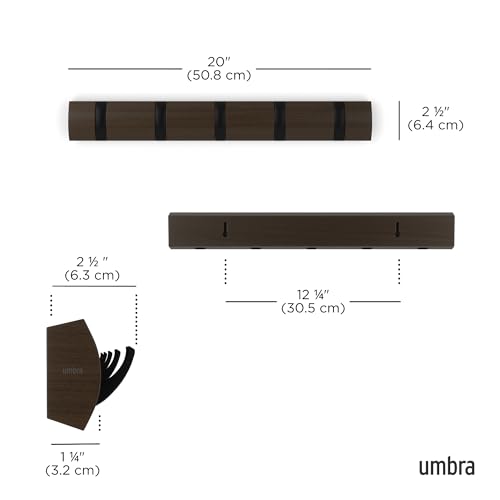 Umbra Flip Coat Rack, Wall Mounted 5-Hook Space Saving, Walnut/Black | Real wood and steel build, retractable hooks fold flat, holds coats bags and scarves, easy install - color: Walnut/Black, size: 5-Hook