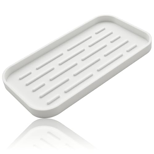 Silicone Organizer Tray, Soap and Sponge Holder for Kitchen Sink, Bathroom - Storage Tray for Dish Brush, Soap Dispenser, Dishwashing Accessories-(White 1 Pack, 10"x5.3") - color: White, size: 10 x 5.3 inches, 1 Pack