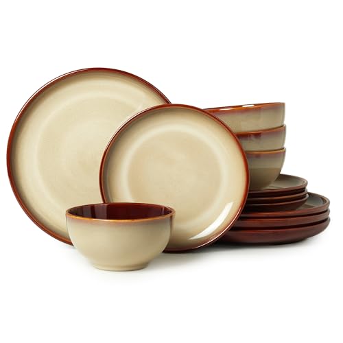 Ceramic Dinnerware Sets for 4, 12pcs Plates and Bowls Sets Dish Set | Stoneware Dishware sets, Microwave & Dishwasher Safe, Cereal Bowls and Dinner Plates Set, Stackable Dishes Set, Brown Yellow - color: Brown Yellow, size: Set (12pcs)