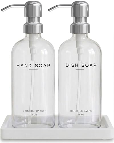 Glass Hand and Dish Soap Dispenser Set by Brighter Barns - Modern Kitchen Soap Dispensers with Stainless Steel Pump - Neutral Home Decor for Hotel, Restaurant, Vacation Rental, Airbnb (Clear/Silver) - color: Clear/Silver Hd