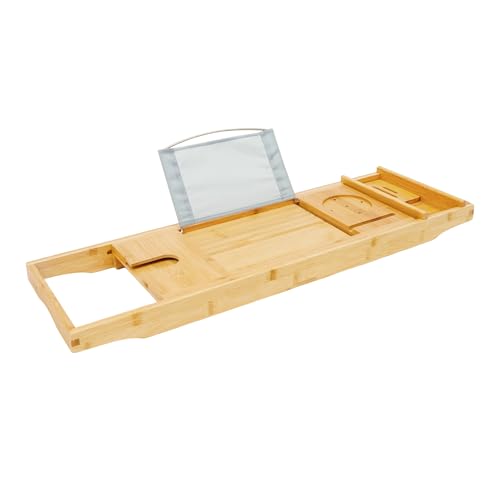 Bamboo Shelf, Expandable Bamboo Bathtub Tray with Wine Glass Holder & Tablet Stand, Adjustable 29.5-42.9 Inch Bath Caddy for Spa Relaxation, Home & Mothers Day & Birthday Gifts for Mom