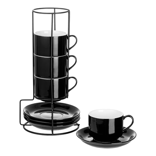 YOLIFE 8oz Porcelain Stackable Cappuccino Cups with Saucers and Metal Stand Set of 4, Coffee cups for Espresso, Specialty Coffee Drinks, Latte, Americano and Tea - Black - color: Black, size: 8oz