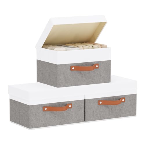 Storage Bins with Lids,White/Grey Baskets,3Pack,13x9.1x7.9In | Storage Baskets with Handles,Clothing Boxes, Collapsible Organizer,Closet Container Cubes for Shelves - color: White/Grey, size: 13x9.1x7.9in(3-Pack)
