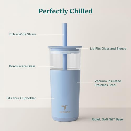 REDUCE Aspen - 20oz Vacuum Insulated Glass Tumbler - Extra Wide Straw & Lid | Keeps drinks cold for 12 hours, ideal for iced coffee, smoothies & boba, dishwasher safe, soft base - color: Glacier