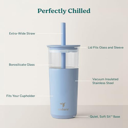 REDUCE Aspen - 20oz Vacuum Insulated Glass Tumbler - Extra Wide Straw & Lid | Keeps drinks cold for 12 hours, ideal for iced coffee, smoothies & boba, dishwasher safe, soft base - color: Glacier