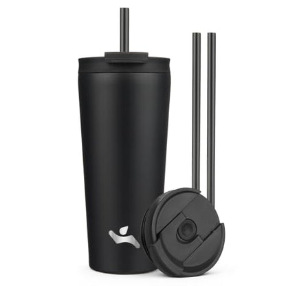 Konokyo 22 oz Insulated Tumbler Water Bottle with Straw Lid, Black | Stainless steel insulated tumbler for coffee, water and iced drinks; spill-proof lid, 2 straws, cup-holder friendly - color: Black, size: 22 Ounces